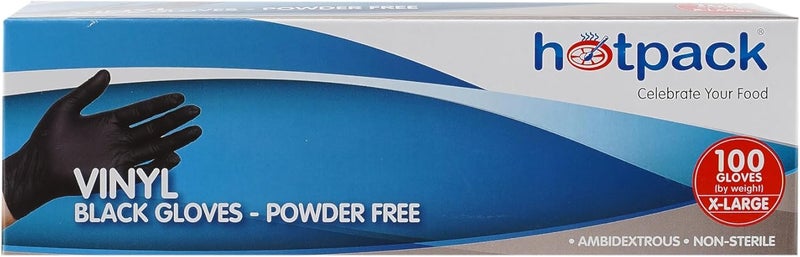 Hotpack Disposable Vinyl Gloves - Black, Powder Free, Non Sterile, Food Safe, 100 Pieces, Extra Large - Image 2